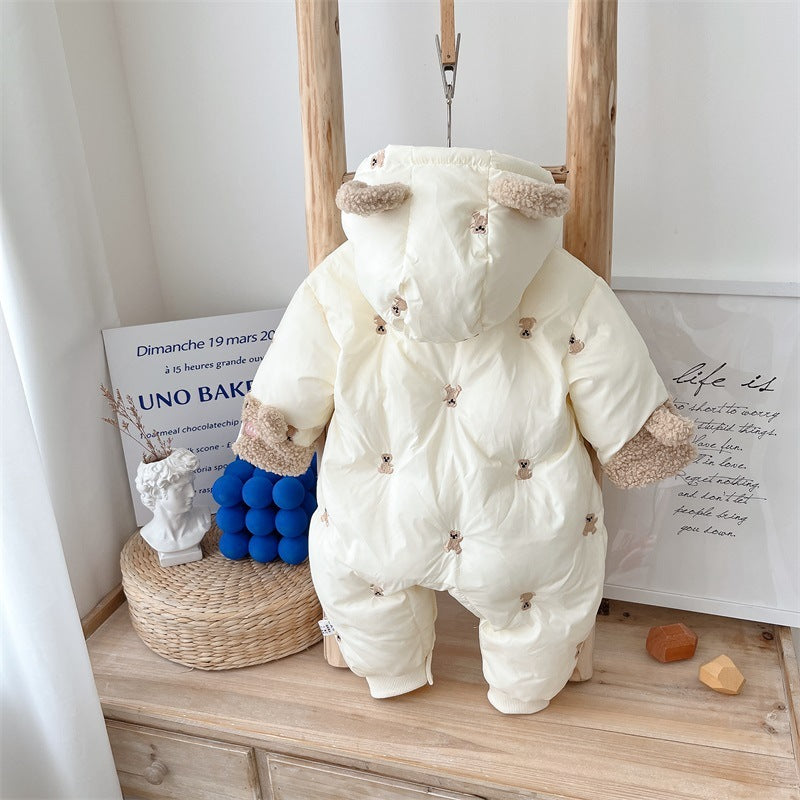 Back view of cream padded baby snowsuit