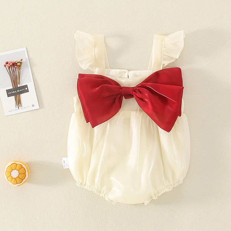 Cream tulle flutter sleeve romper with big red bow