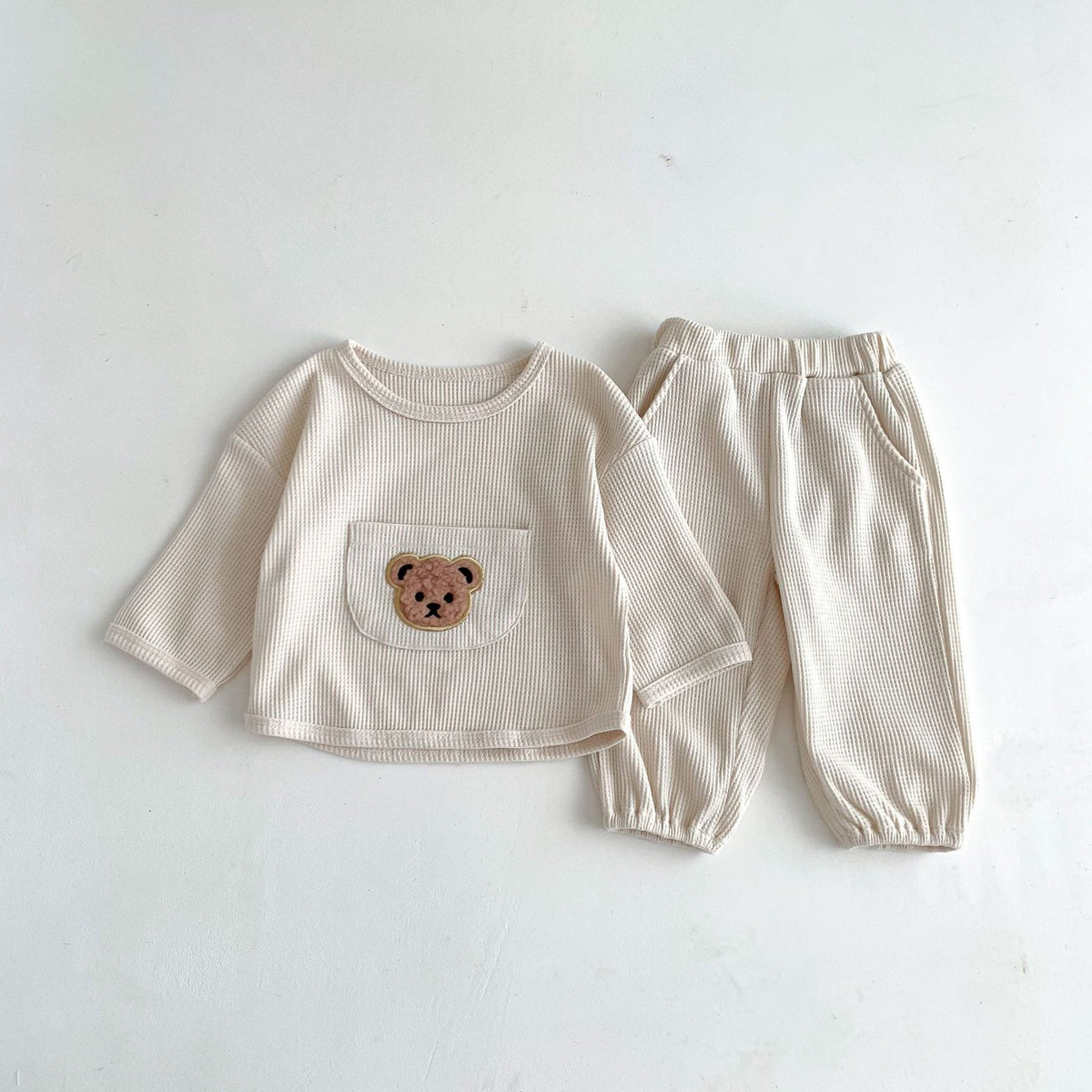 Cream waffle sweatshirt with teddy bear pocket and joggers