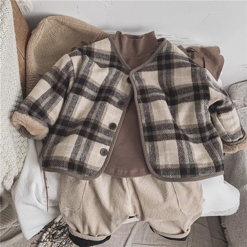 Woolen Plaid Children Fleece Padded Coat Korean Style