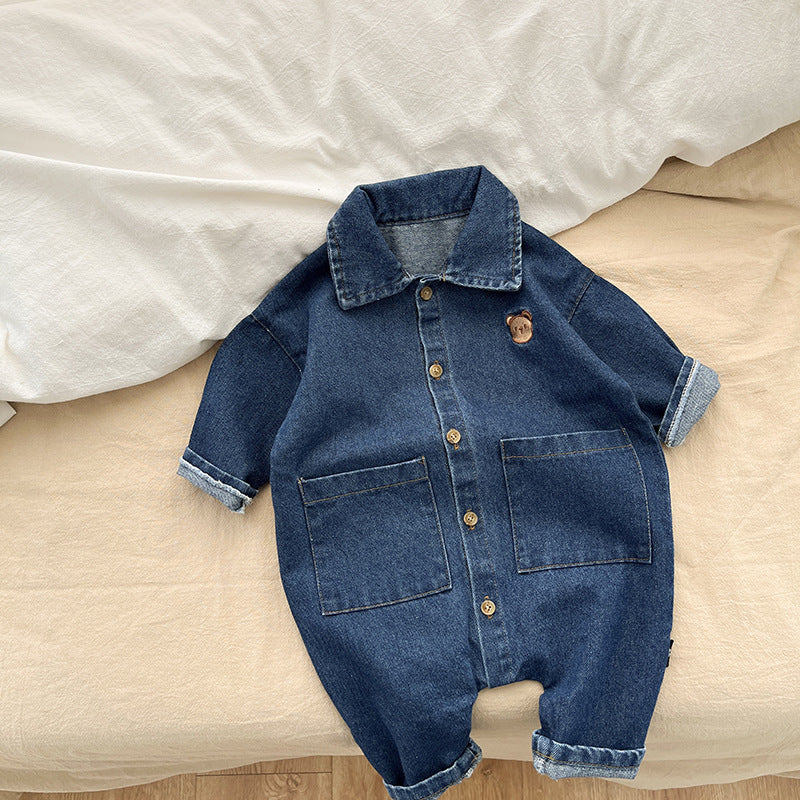 Dark blue denim baby jumpsuit with collar