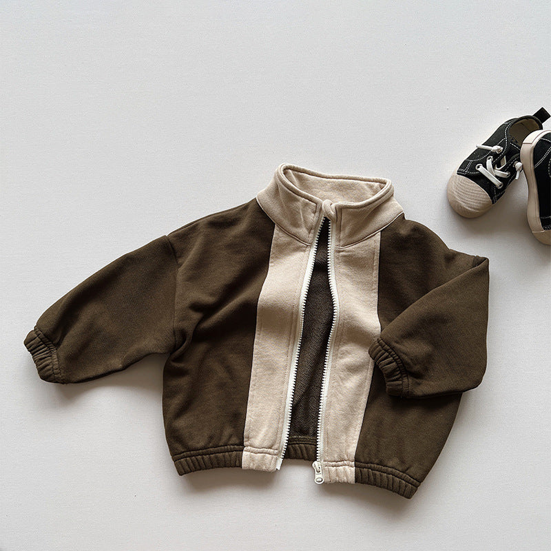 Dark brown zip-up toddler jacket with cream stripe