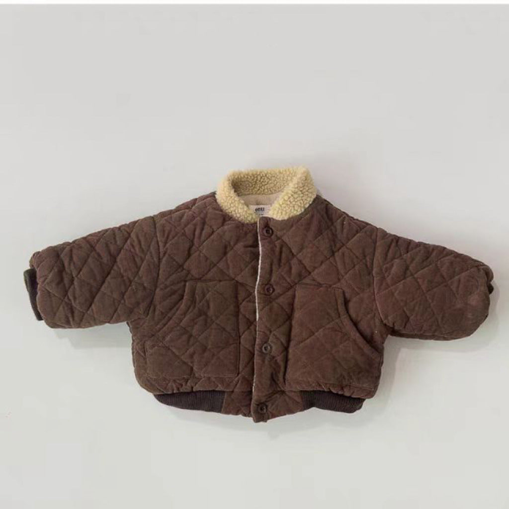 Dark brown diamond quilted baby jacket with sherpa collar