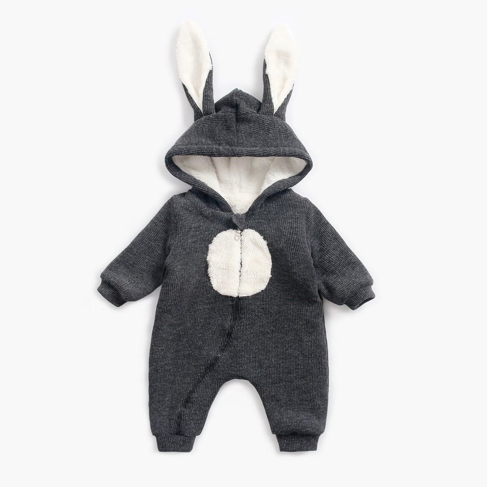 Dark gray bunny ears hooded baby jumpsuit