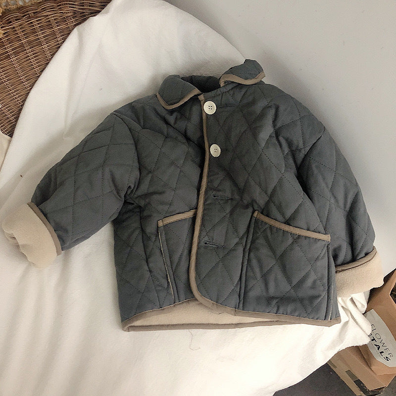 Dark gray diamond quilted padded coat with collar