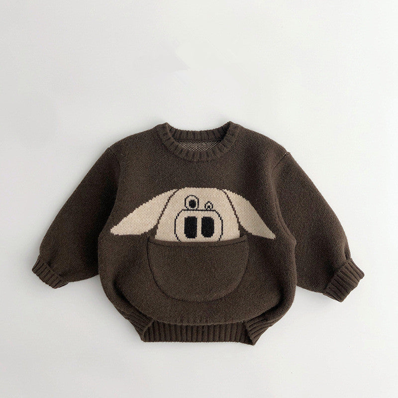 Deep coffee knit sweater with animal pocket
