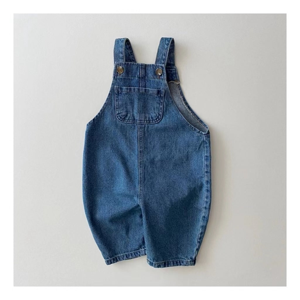 Blue denim baby overalls with bib pocket and button straps
