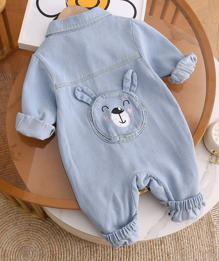 Back of denim baby jumpsuit with bear design