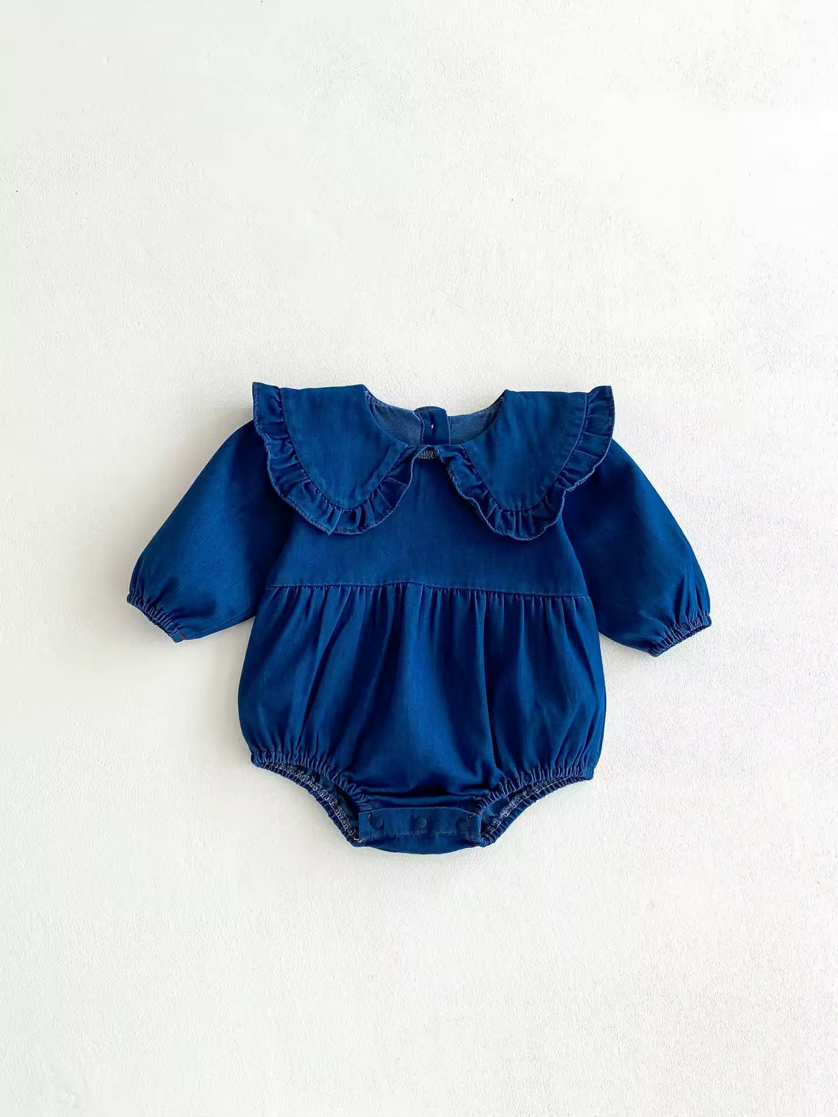 Blue denim long sleeve baby romper with ruffle collar