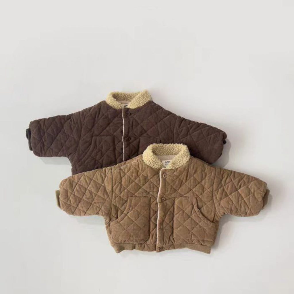 Dark brown and light brown diamond quilted baby jackets with sherpa collars