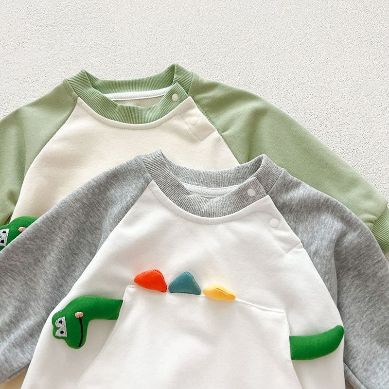 Green and gray dinosaur spike baby jumpsuits