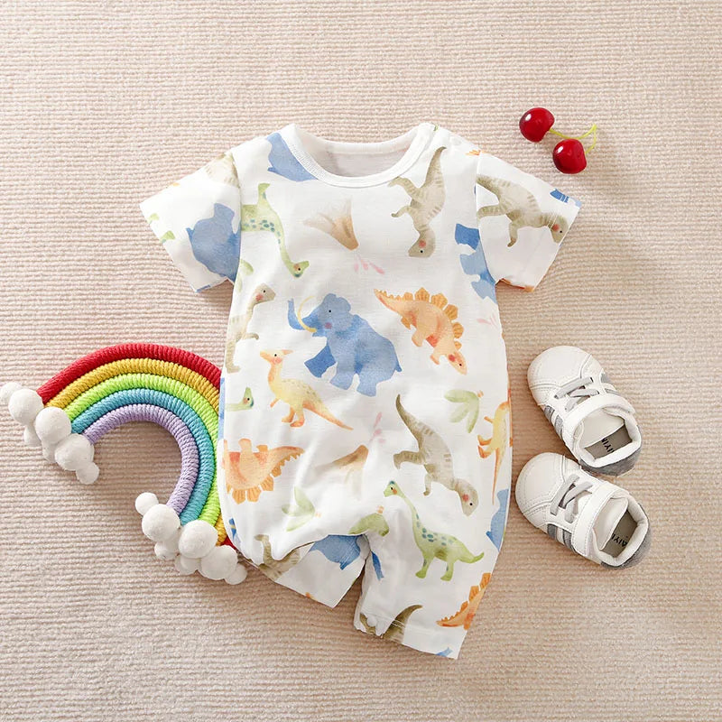 Watercolour dinosaur print short sleeve baby romper with toys