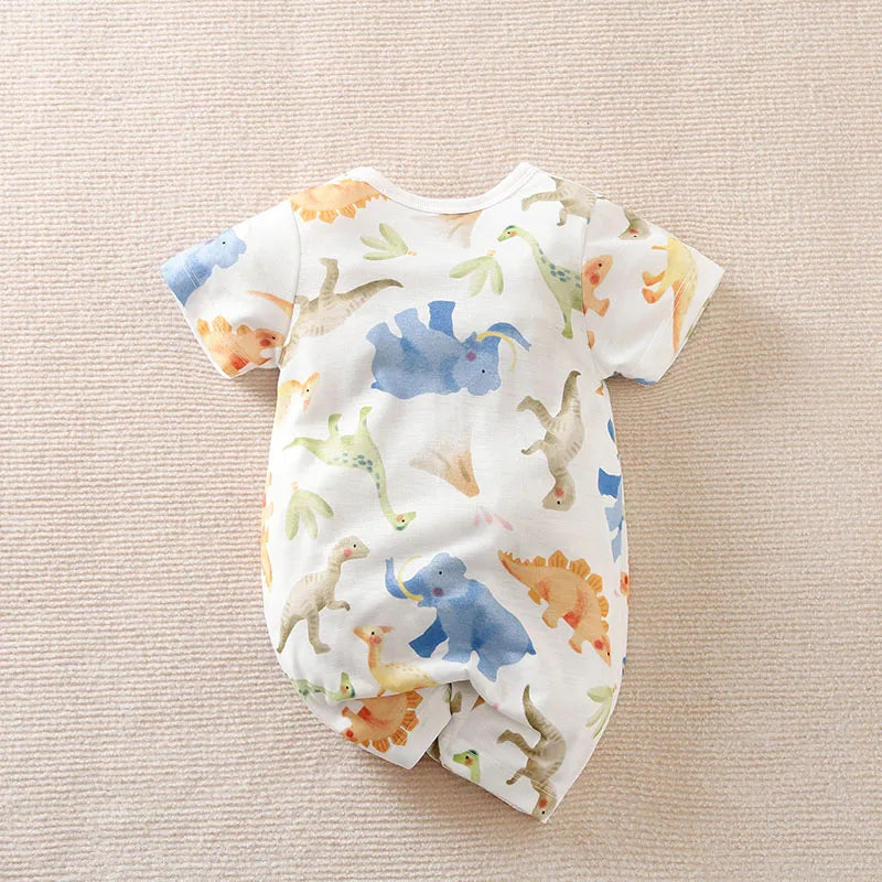 Dinosaur print baby romper laid flat