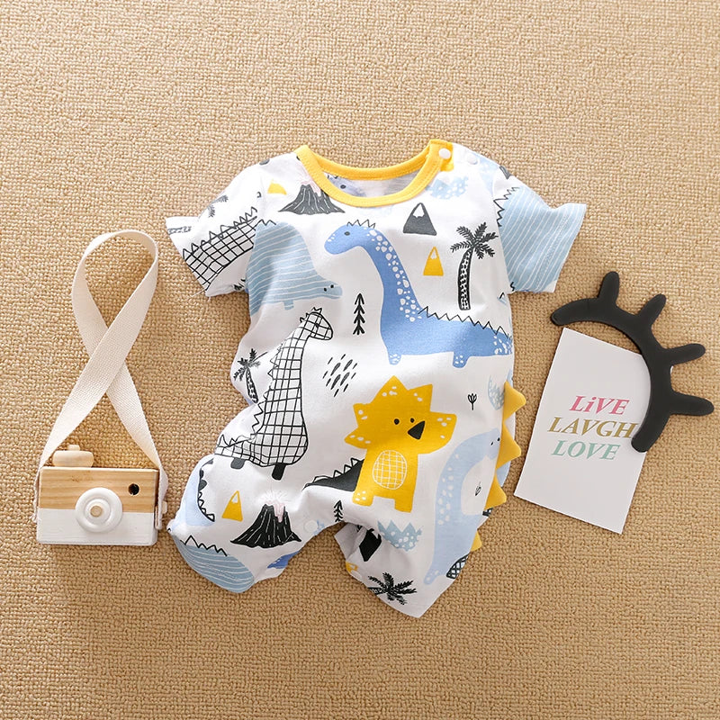 Dinosaur print short sleeve baby romper with toys