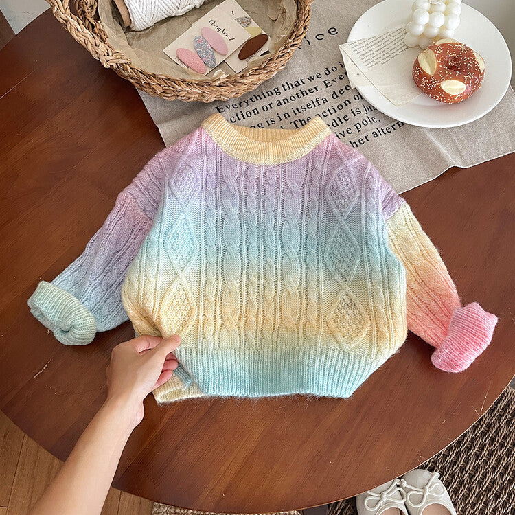 Girls' Gradient Thickened Sweater Round Neck