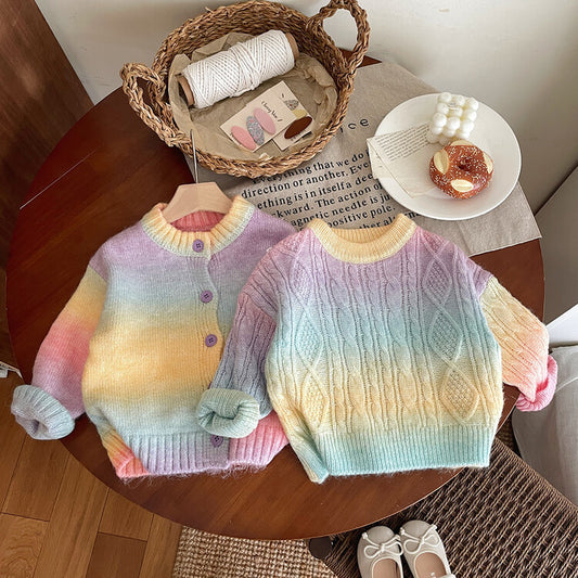 Girls' Gradient Thickened Sweater Round Neck