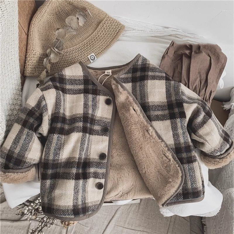 Woolen Plaid Children Fleece Padded Coat Korean Style