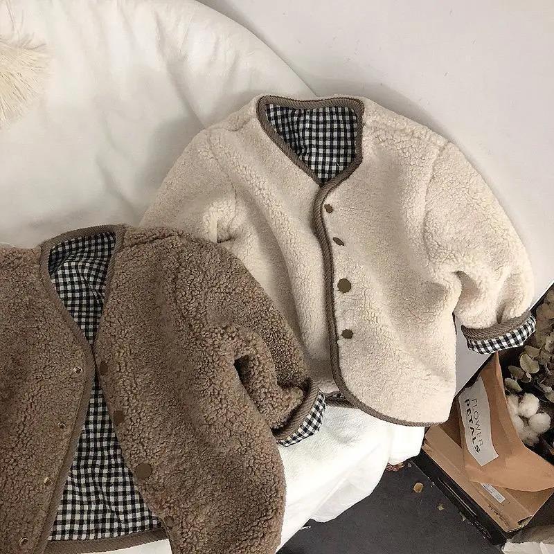 Children's Thickened Warm Coat With Checkered Wool On Both Sides