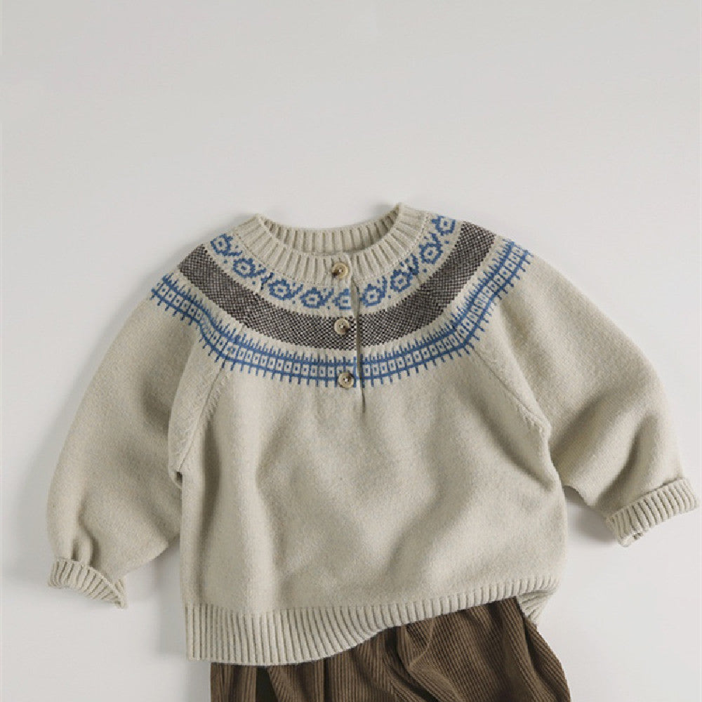Cream knit cardigan with blue and brown Fair Isle yoke