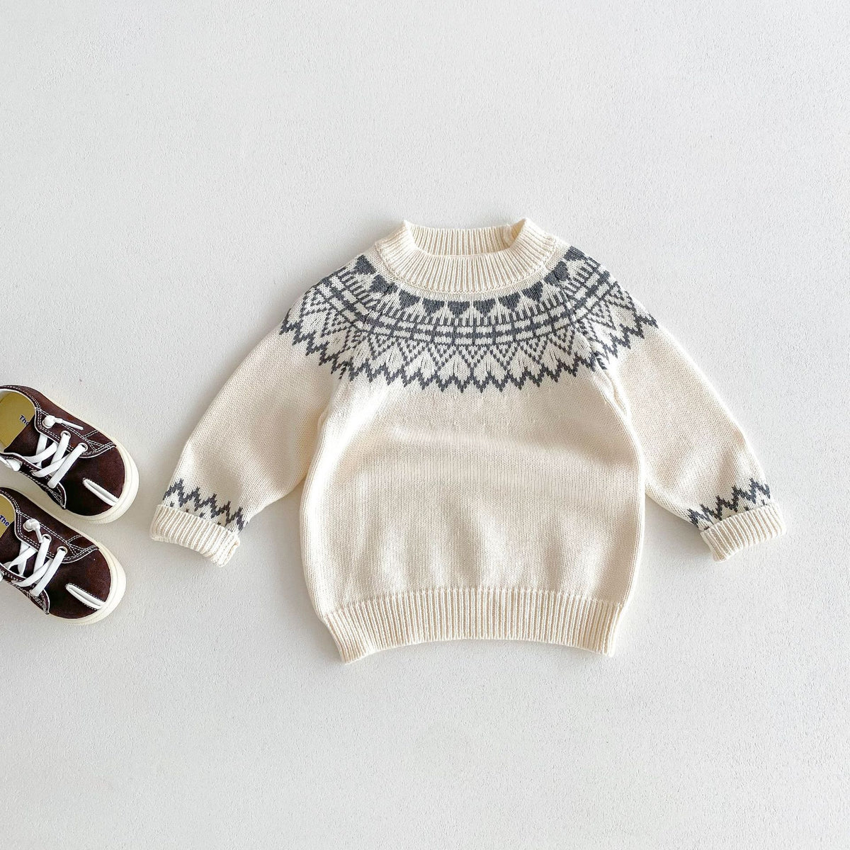 Cream Fair Isle knit pullover sweater with shoes