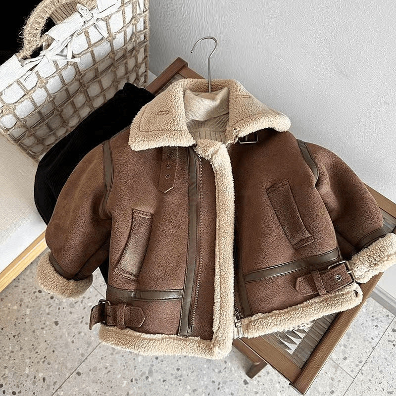 Brown faux suede aviator jacket with sherpa trim
