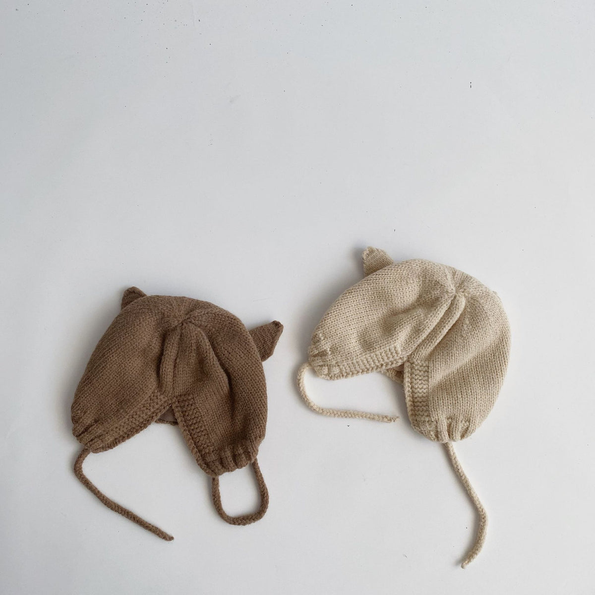 Coffee and beige fawn ear knit baby hats with ties