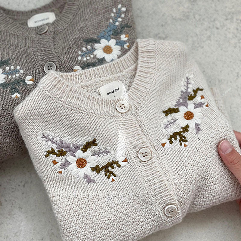 Hand showing floral embroidery on cream knit