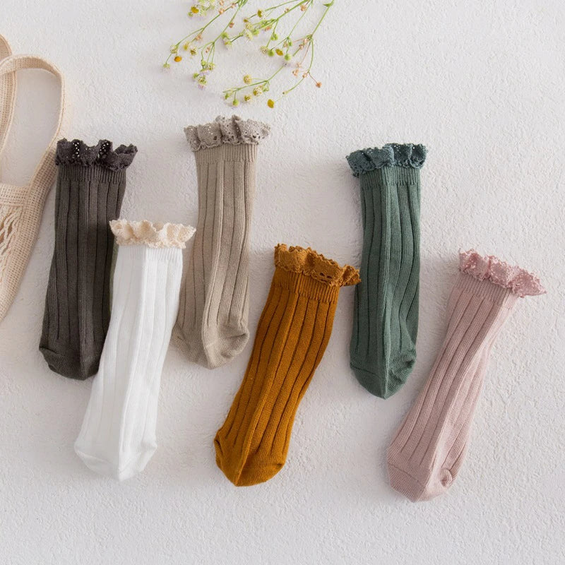 Ribbed frill top kids socks in seven colours