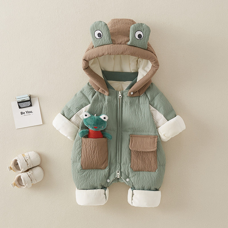 Green frog hooded fleece-lined baby snowsuit
