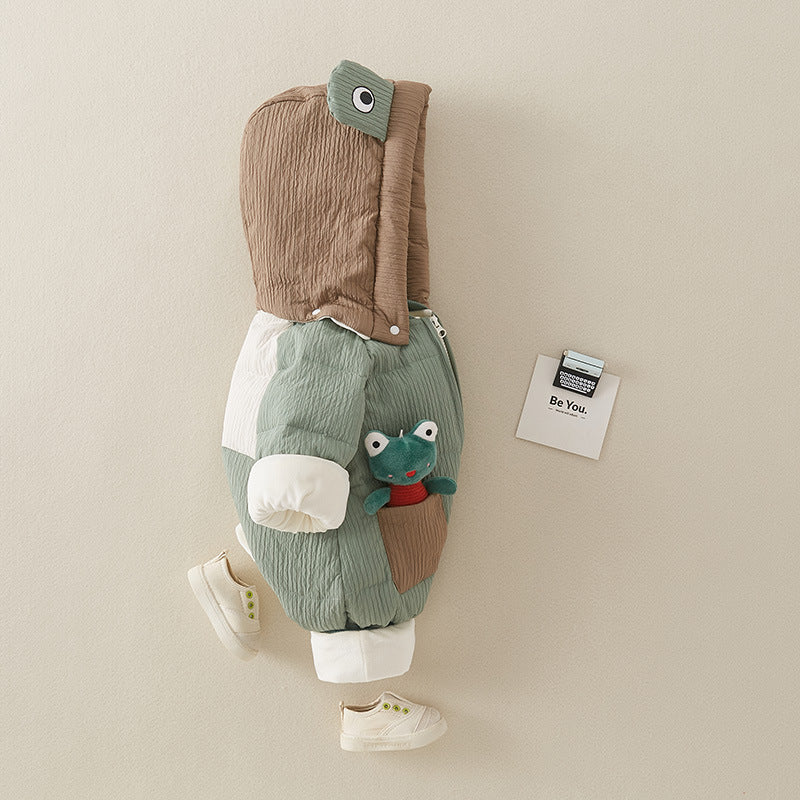 Side view of frog hooded baby snowsuit
