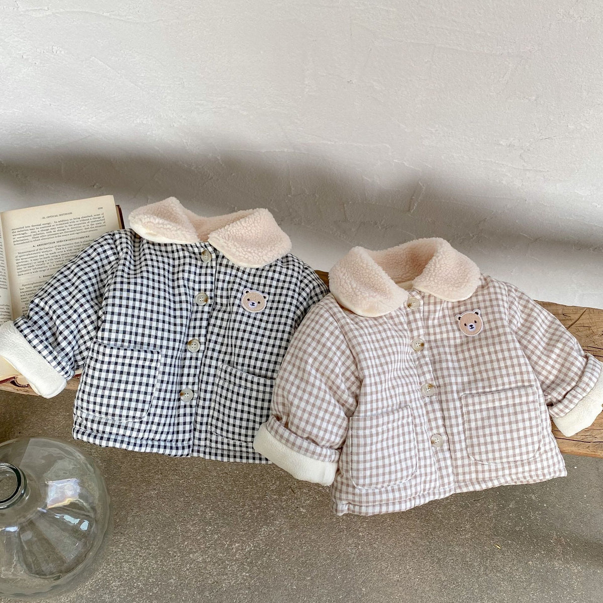 Gray and brown gingham padded baby jackets with fur collars