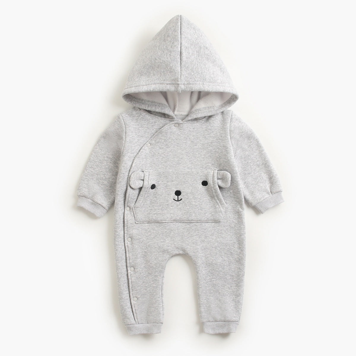 Gray hooded baby jumpsuit with bear face pocket