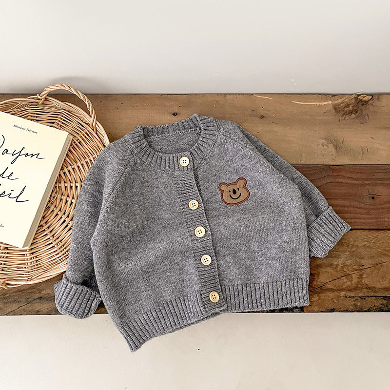 Gray bear patch knit baby cardigan