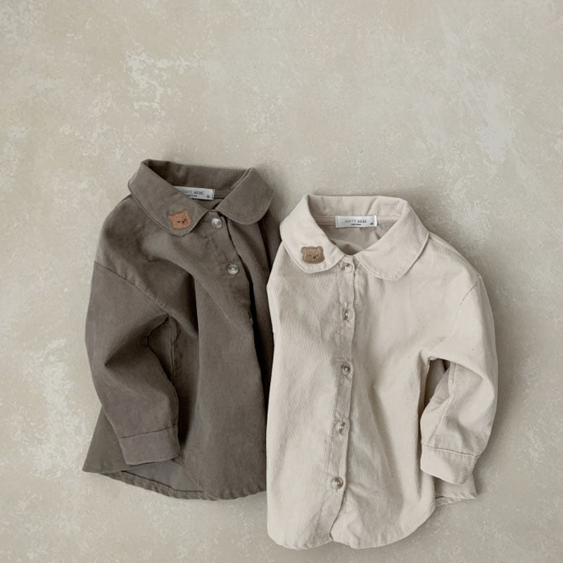Gray and beige collar shirts with bear embroidery side by side