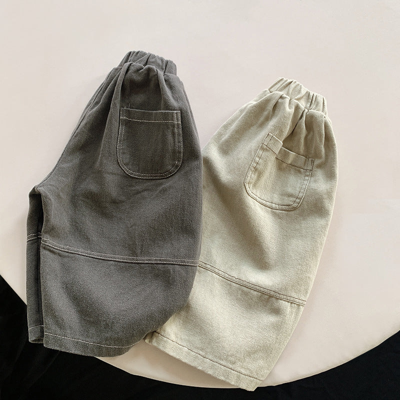 Gray and beige harem pants side by side