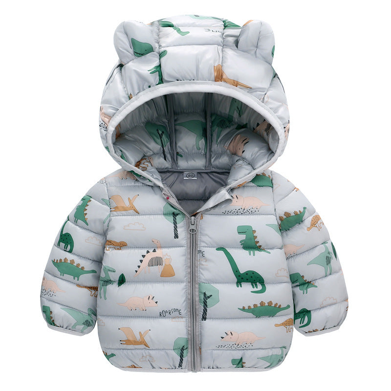 Gray dinosaur print hooded baby puffer jacket