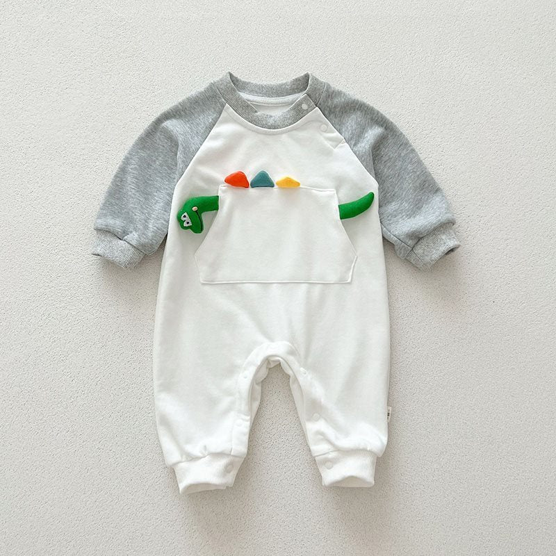 Gray raglan baby jumpsuit with dinosaur spikes