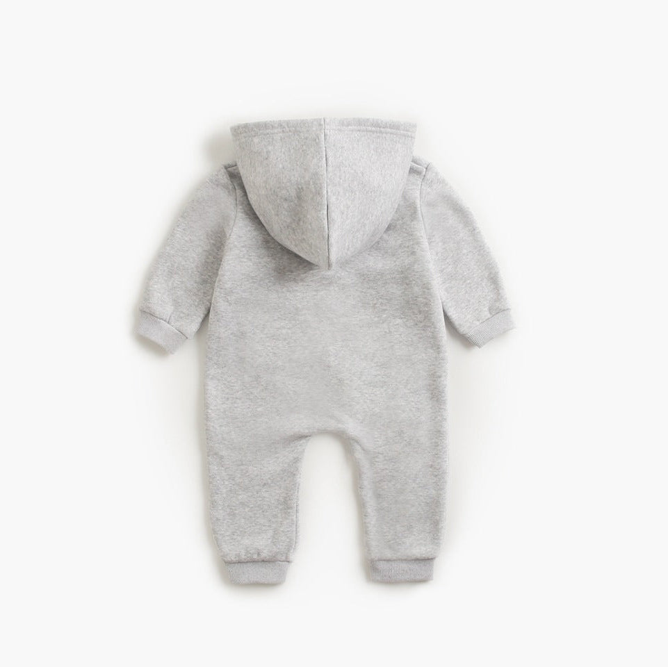 Back view of gray hooded baby jumpsuit