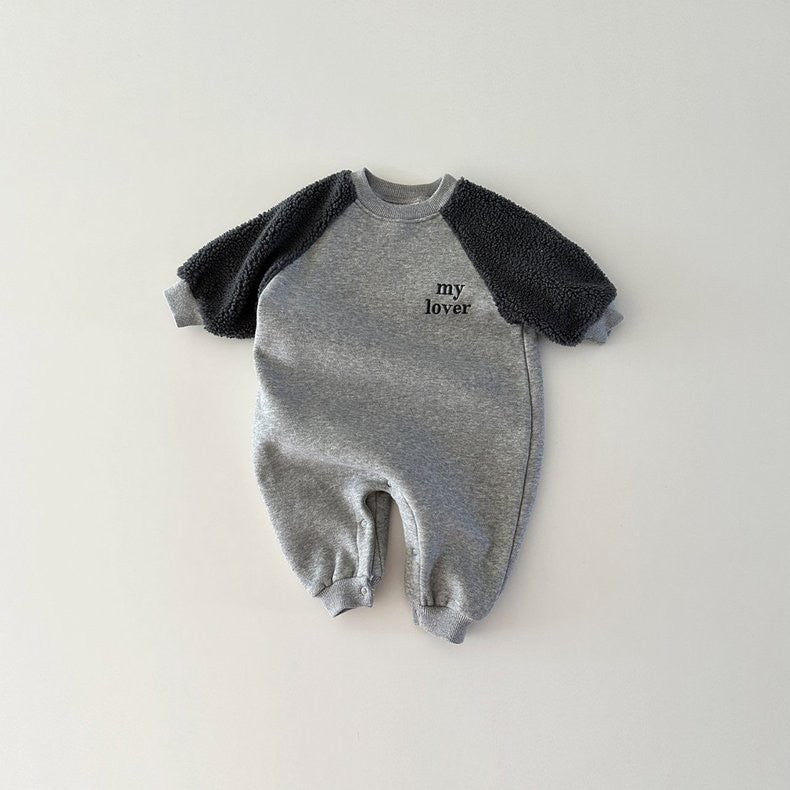 Gray My Lover baby romper with charcoal sherpa sleeves