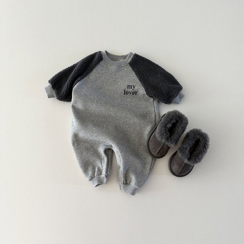Gray My Lover baby jumpsuit styled with fluffy slippers