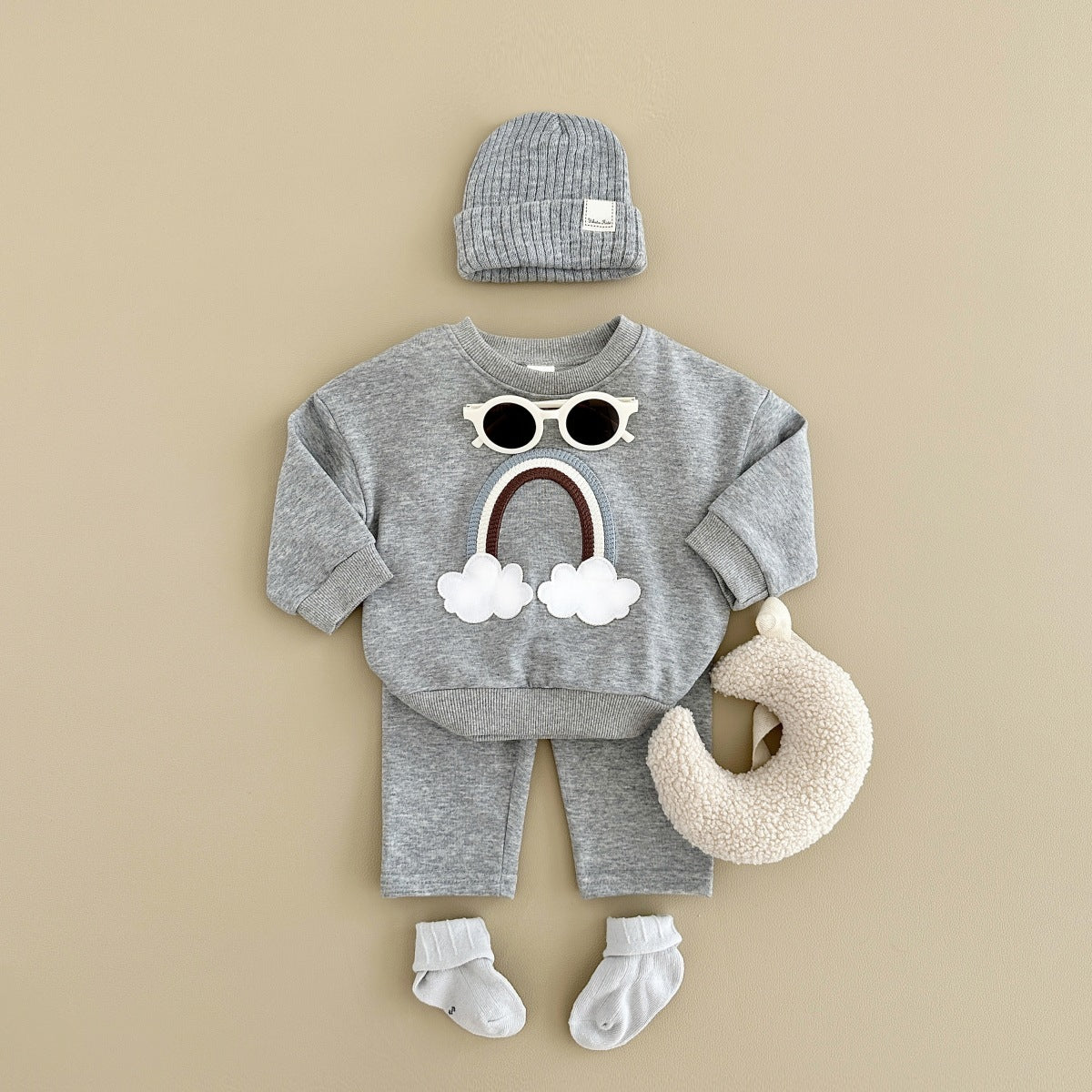 Gray rainbow cloud sweatshirt and pants with hat and sunglasses