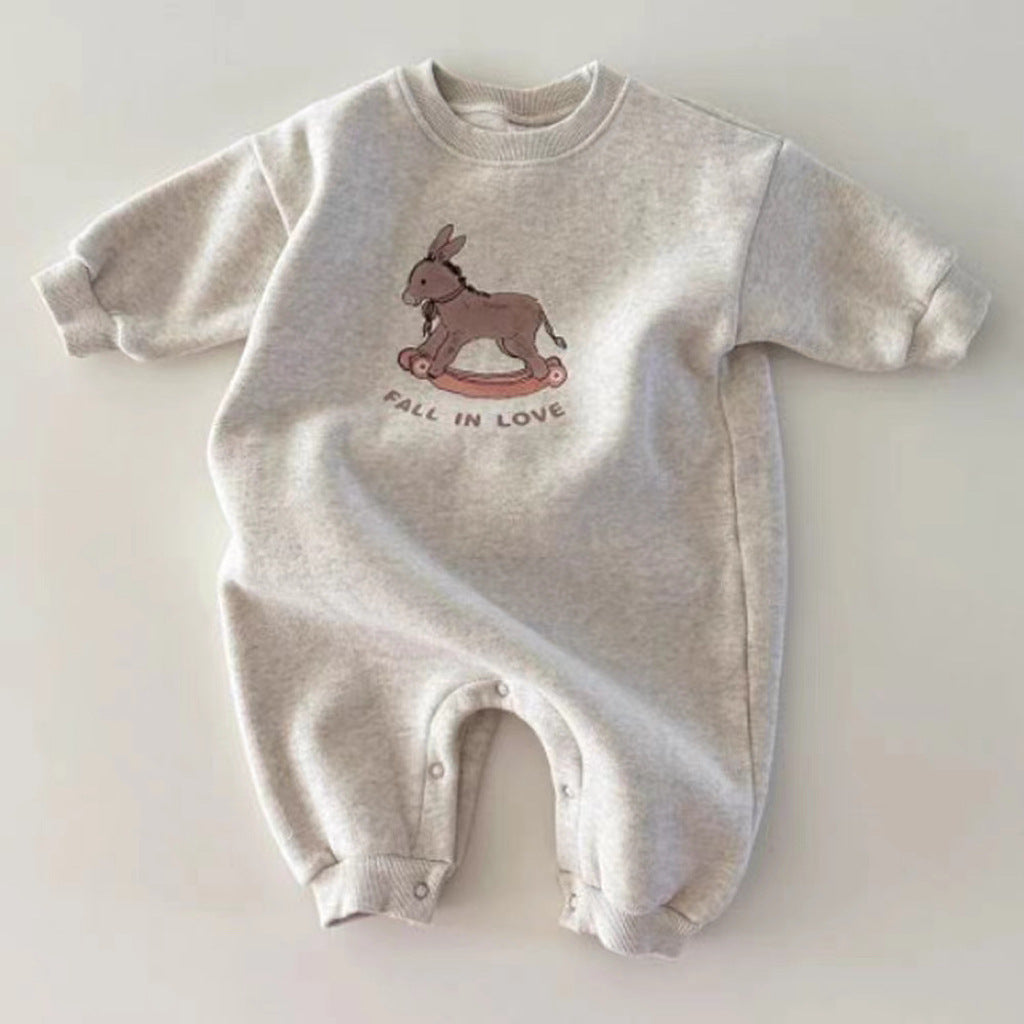 Oatmeal gray long sleeve baby romper with rocking horse print