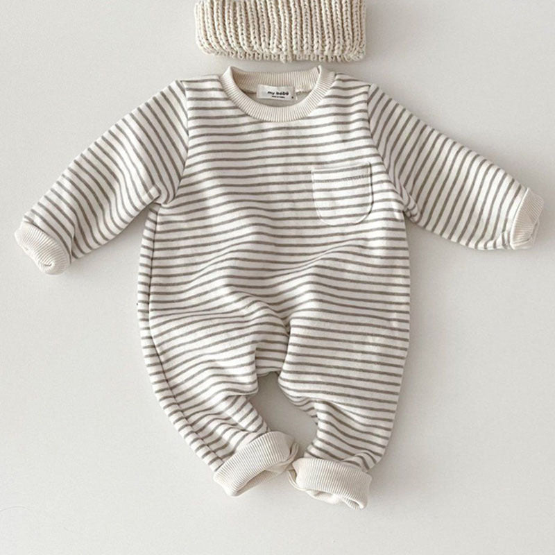 Gray striped long sleeve baby romper with ribbed cuffs