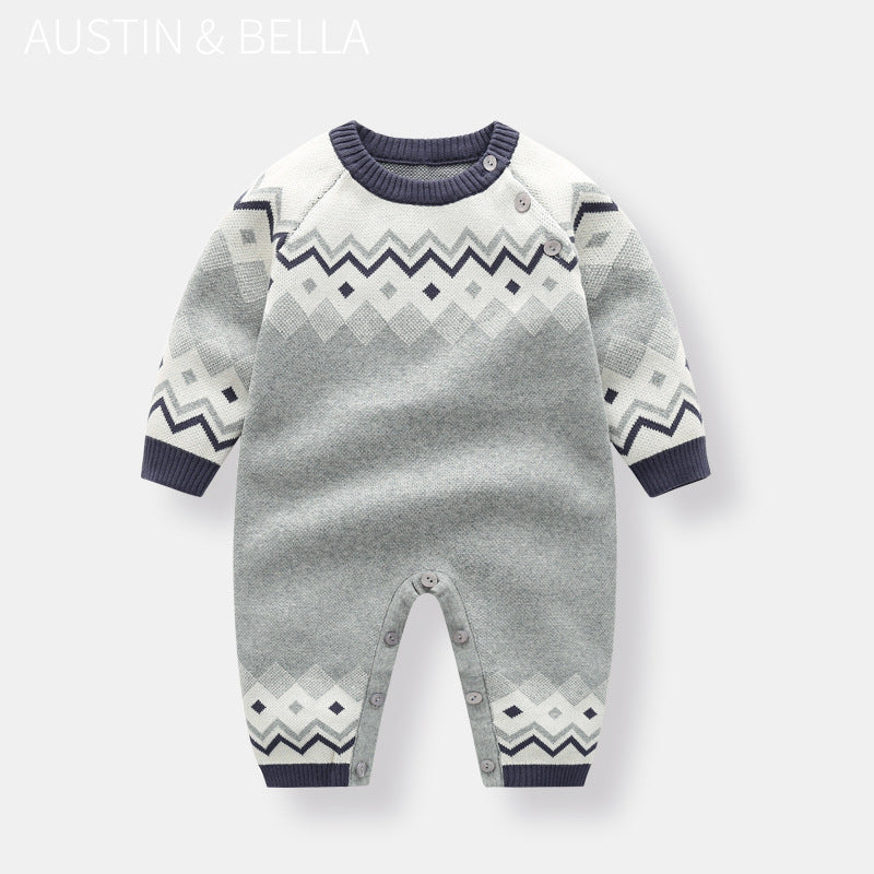 Gray zigzag knit baby jumpsuit with navy trim