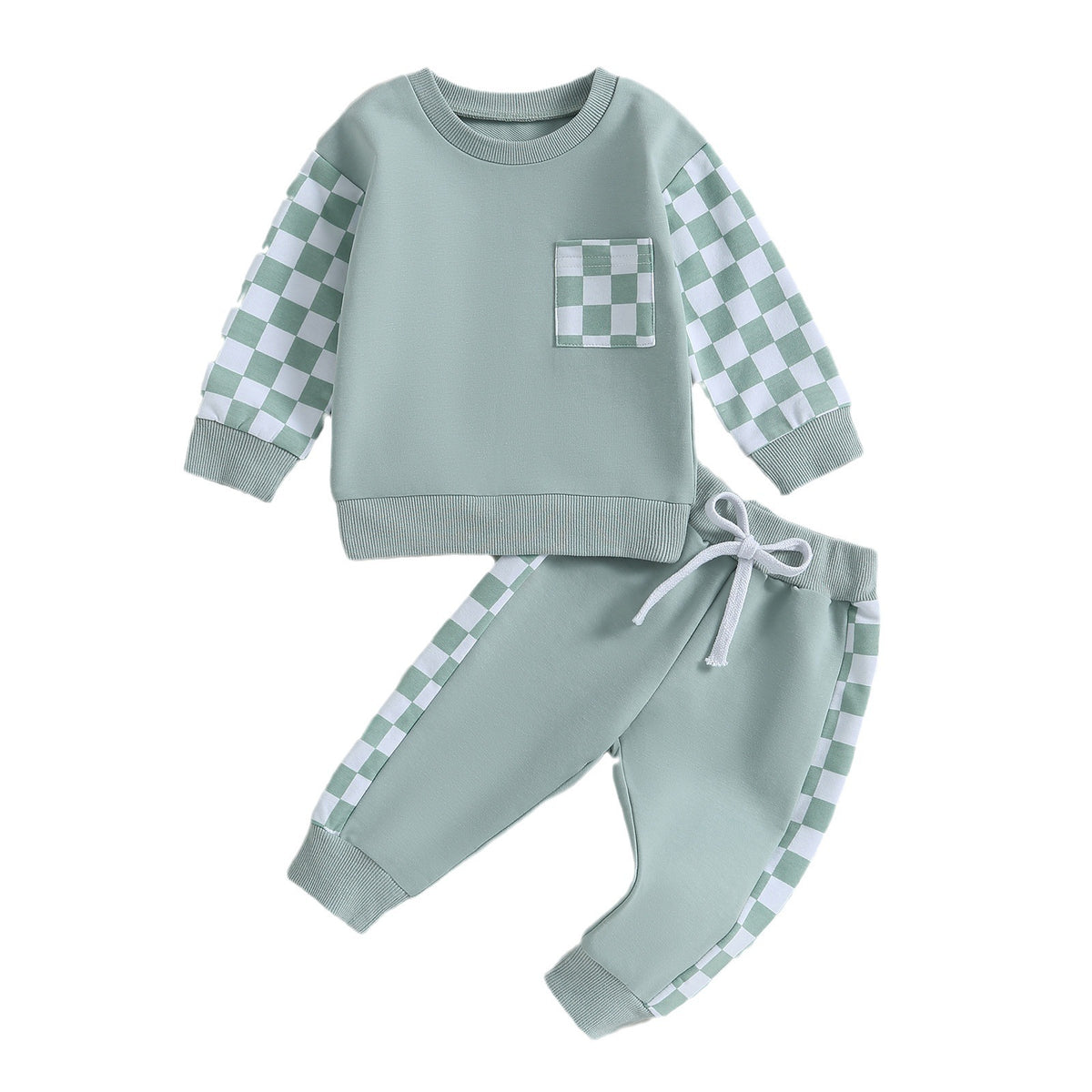 Green checkerboard set on white background