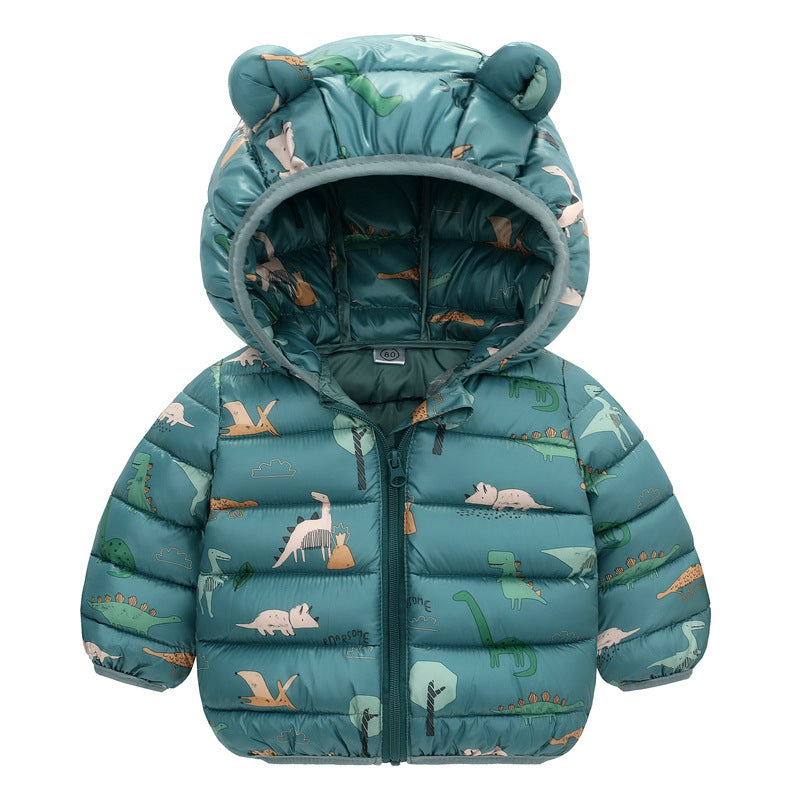 Green dinosaur print hooded toddler puffer jacket