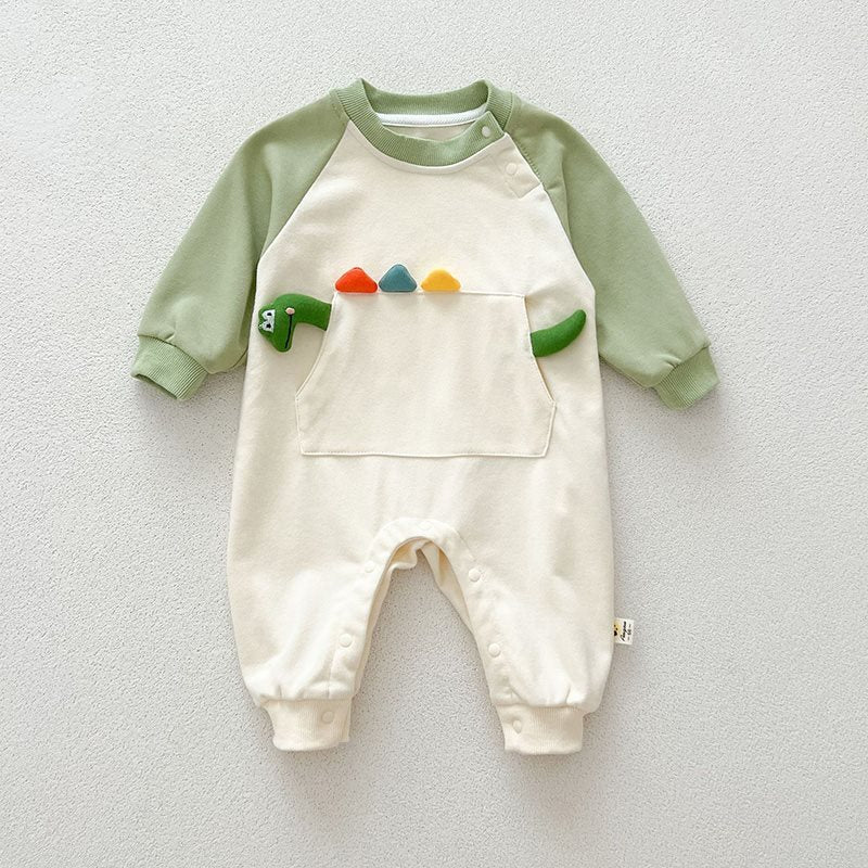 Green raglan baby jumpsuit with 3D dinosaur spikes