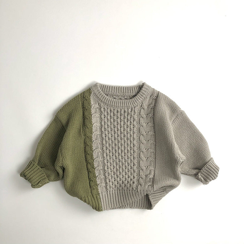 Green and gray colour block cable knit sweater