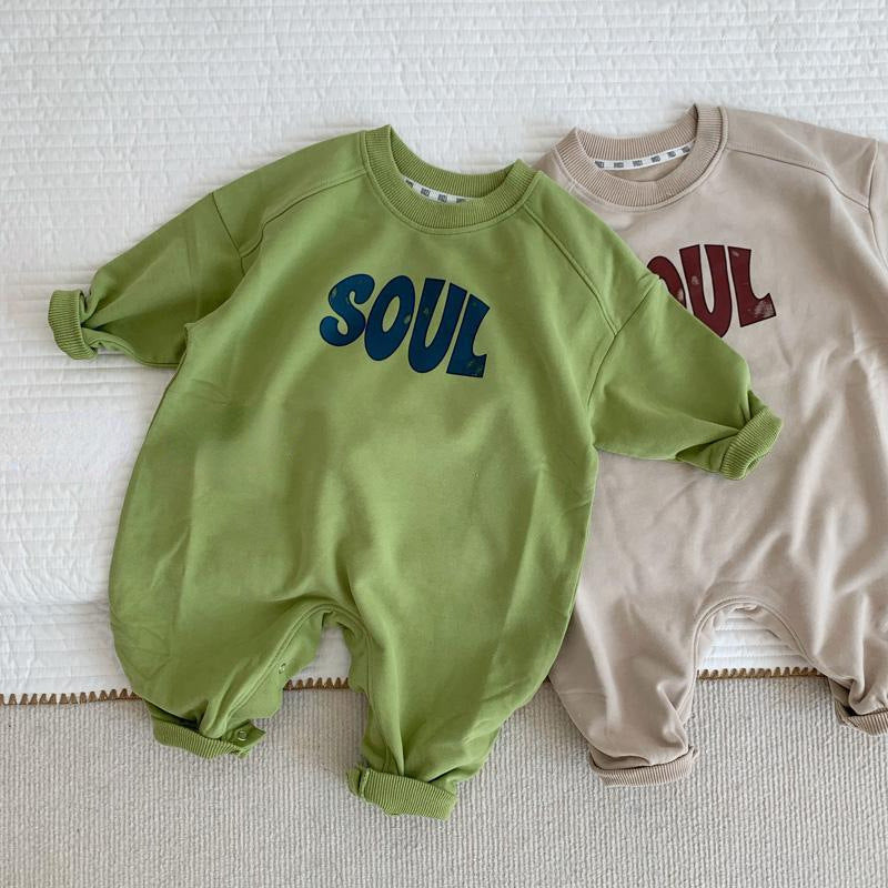 Green and gray SOUL rompers side by side
