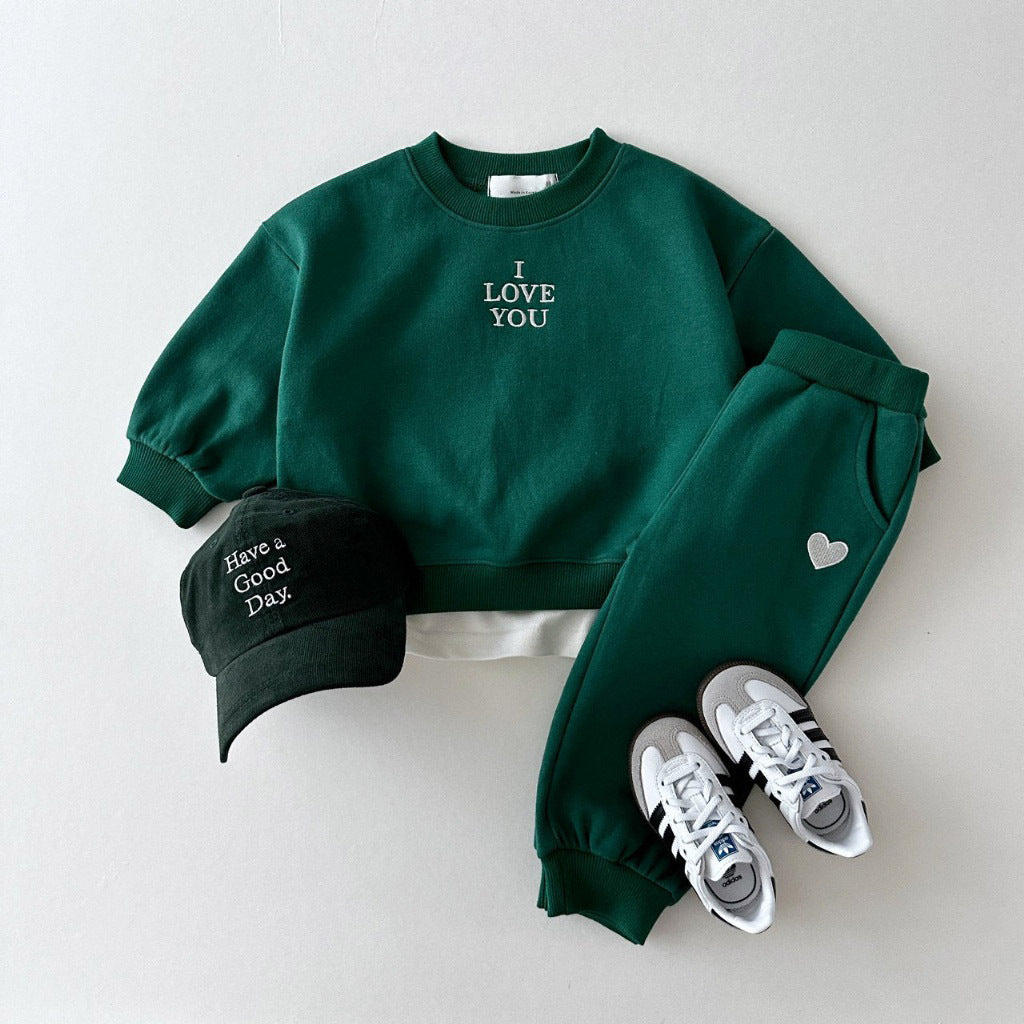 Green I Love You sweatshirt and joggers set for toddlers